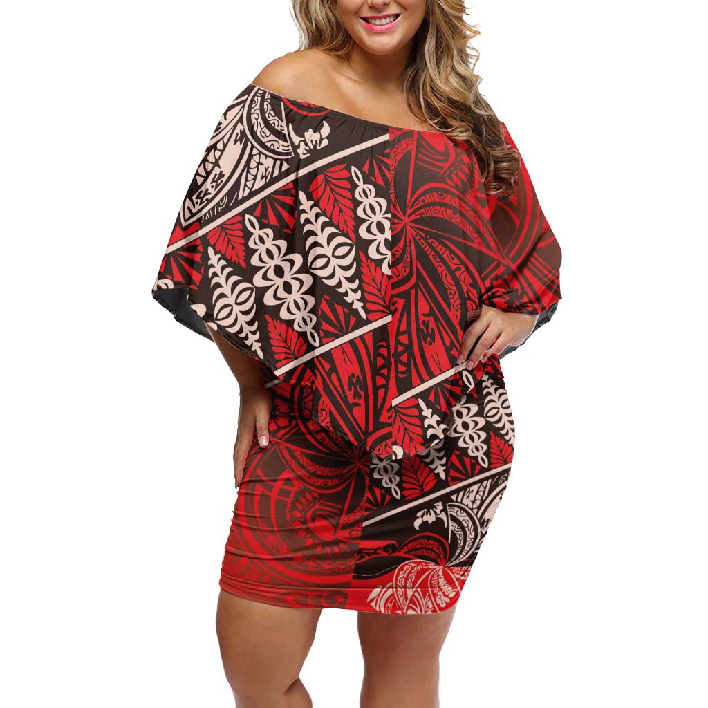 Vintage Ngatu Tribal Tonga Pattern Family Matching Off Shoulder Short Dress and Hawaiian Shirt LT9 Mom's Dress Red - Polynesian Pride