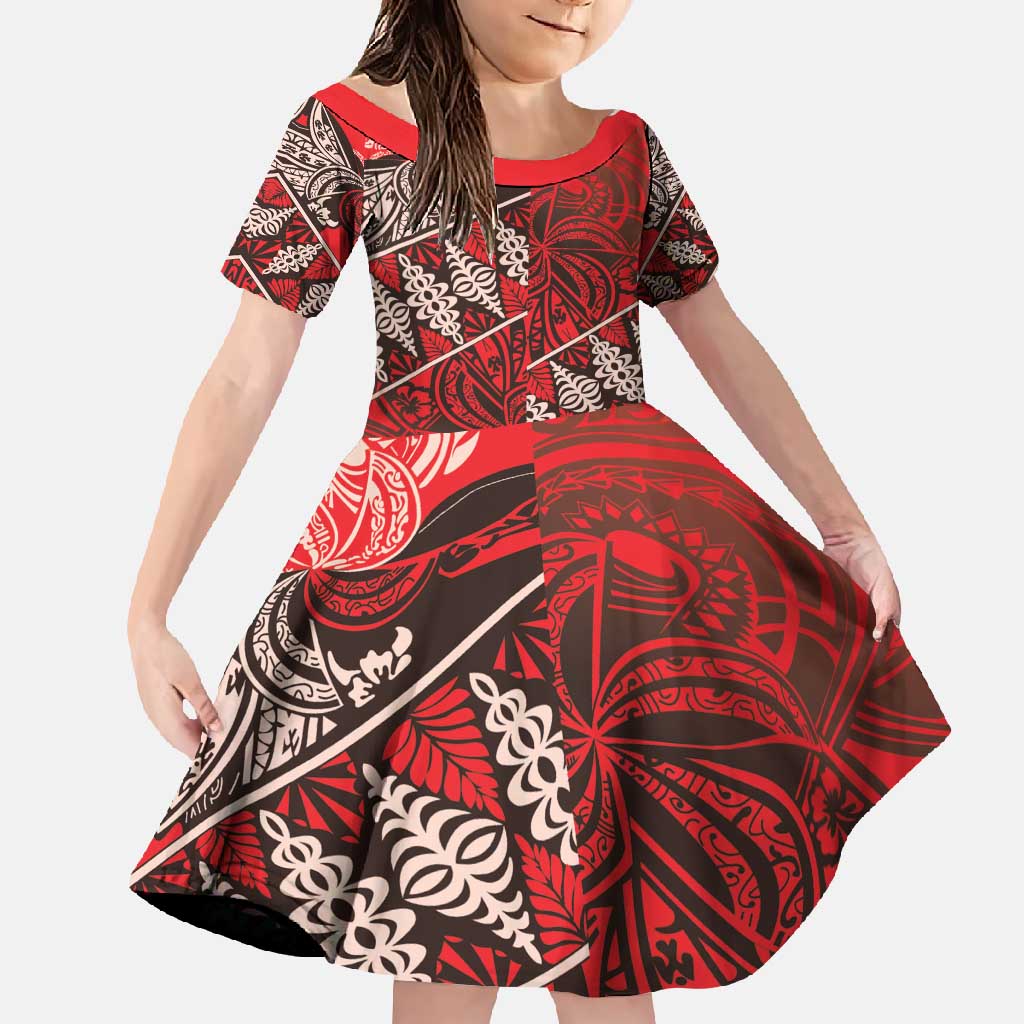 Vintage Ngatu Tribal Tonga Pattern Family Matching Short Sleeve Bodycon Dress and Hawaiian Shirt LT9 Daughter's Dress Red - Polynesian Pride