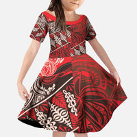 Vintage Ngatu Tribal Tonga Pattern Family Matching Short Sleeve Bodycon Dress and Hawaiian Shirt LT9 Daughter's Dress Red - Polynesian Pride