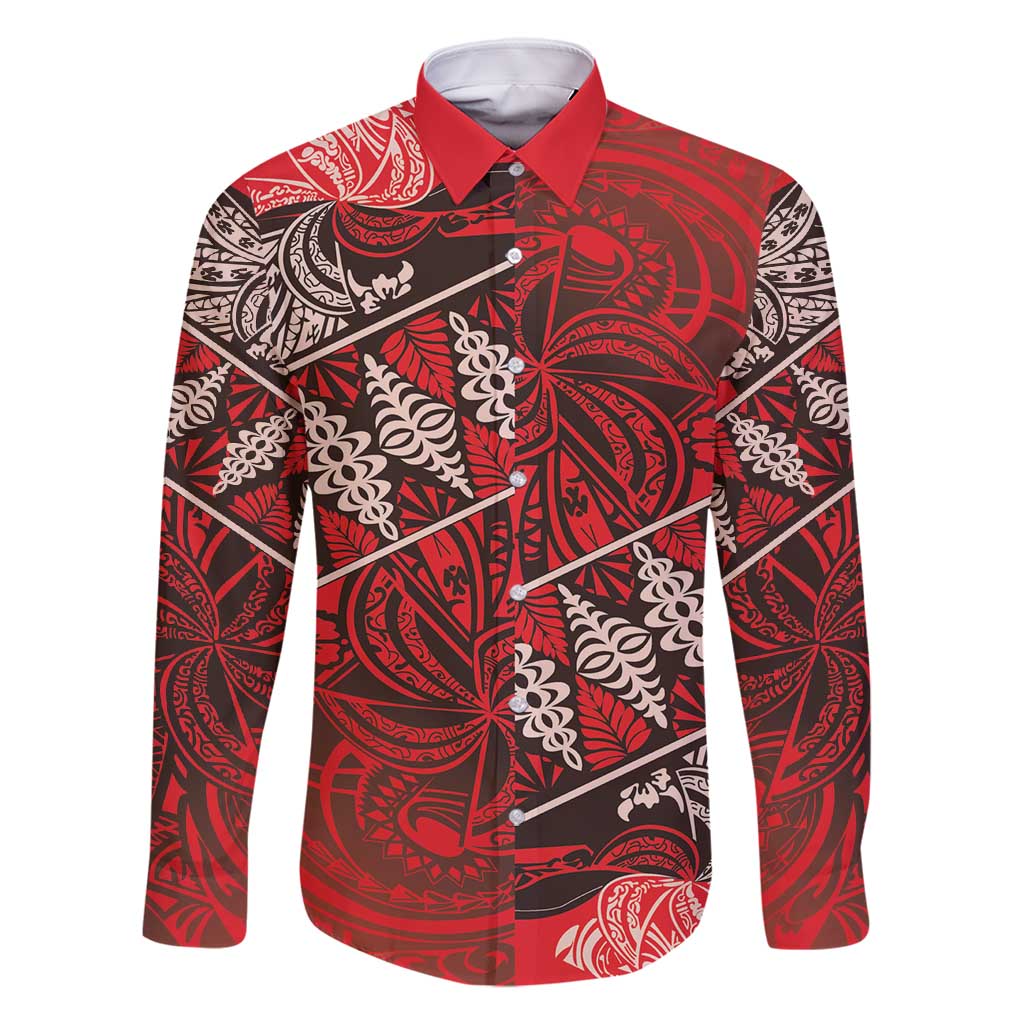 Vintage Ngatu Tribal Tonga Pattern Family Matching Tank Maxi Dress and Hawaiian Shirt LT9 Dad's Shirt - Long Sleeve Red - Polynesian Pride