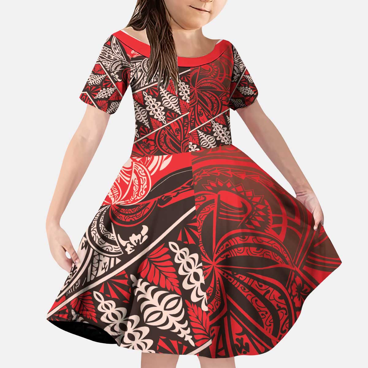 Vintage Ngatu Tribal Tonga Pattern Kid Short Sleeve Dress - Polynesian Pride