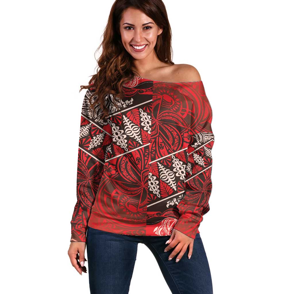 Vintage Ngatu Tribal Tonga Pattern Off Shoulder Sweater - Polynesian Pride