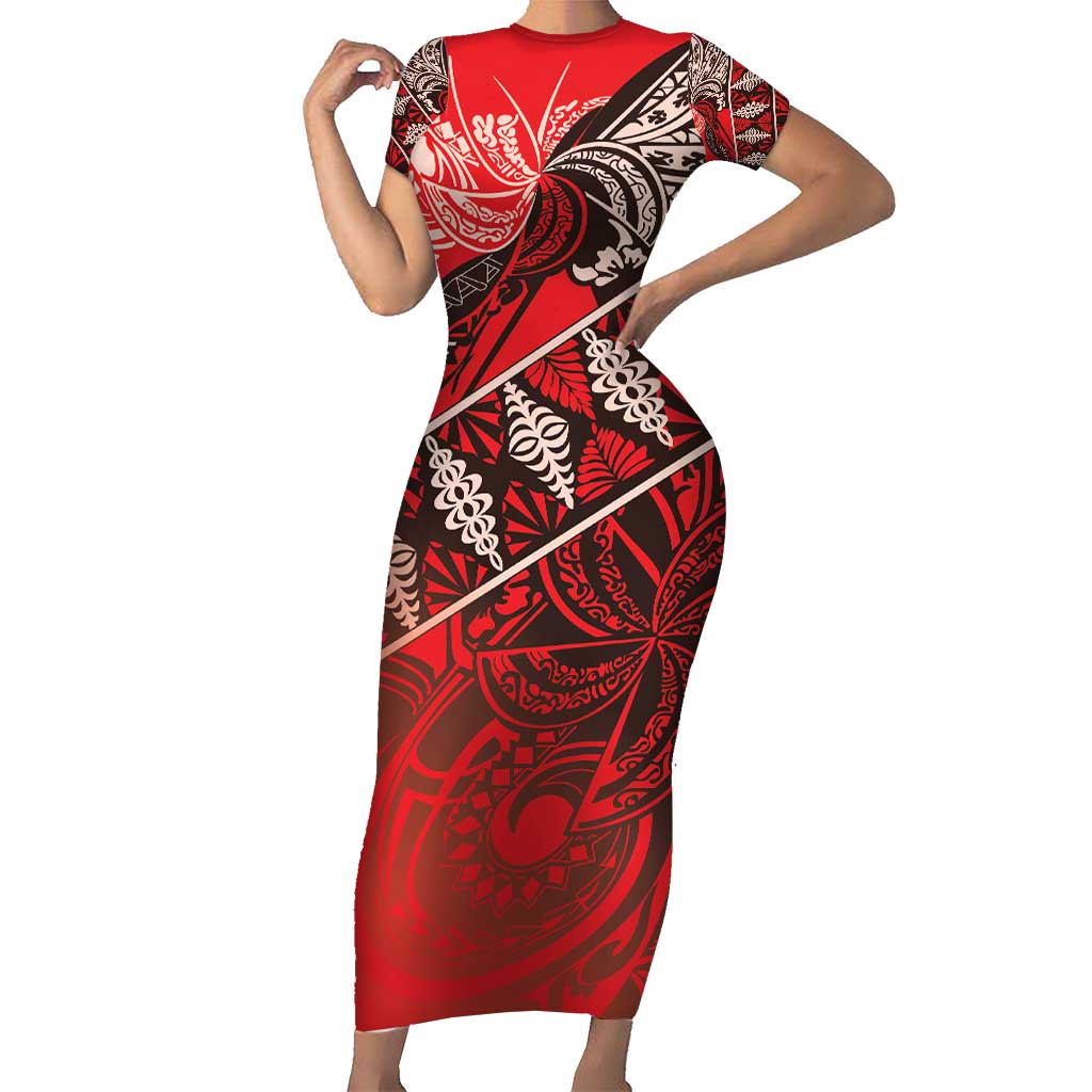 Vintage Ngatu Tribal Tonga Pattern Short Sleeve Bodycon Dress LT9 Long Dress Red - Polynesian Pride