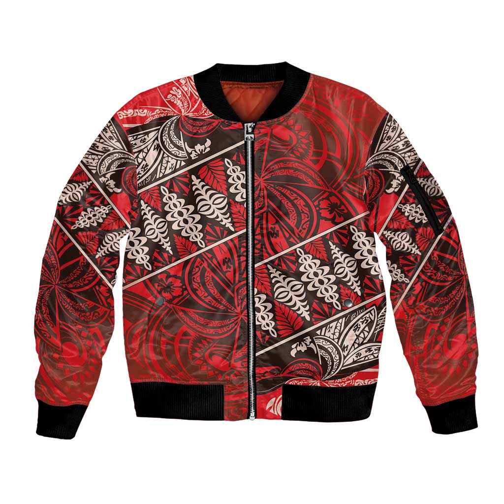 Vintage Ngatu Tribal Tonga Pattern Sleeve Zip Bomber Jacket LT9 Unisex Red - Polynesian Pride