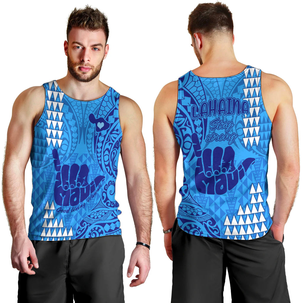 Strong Maui Men Tank Top Good Living Hawaii with Shaka Sign Kakau Tribal Blue LT9 - Polynesian Pride