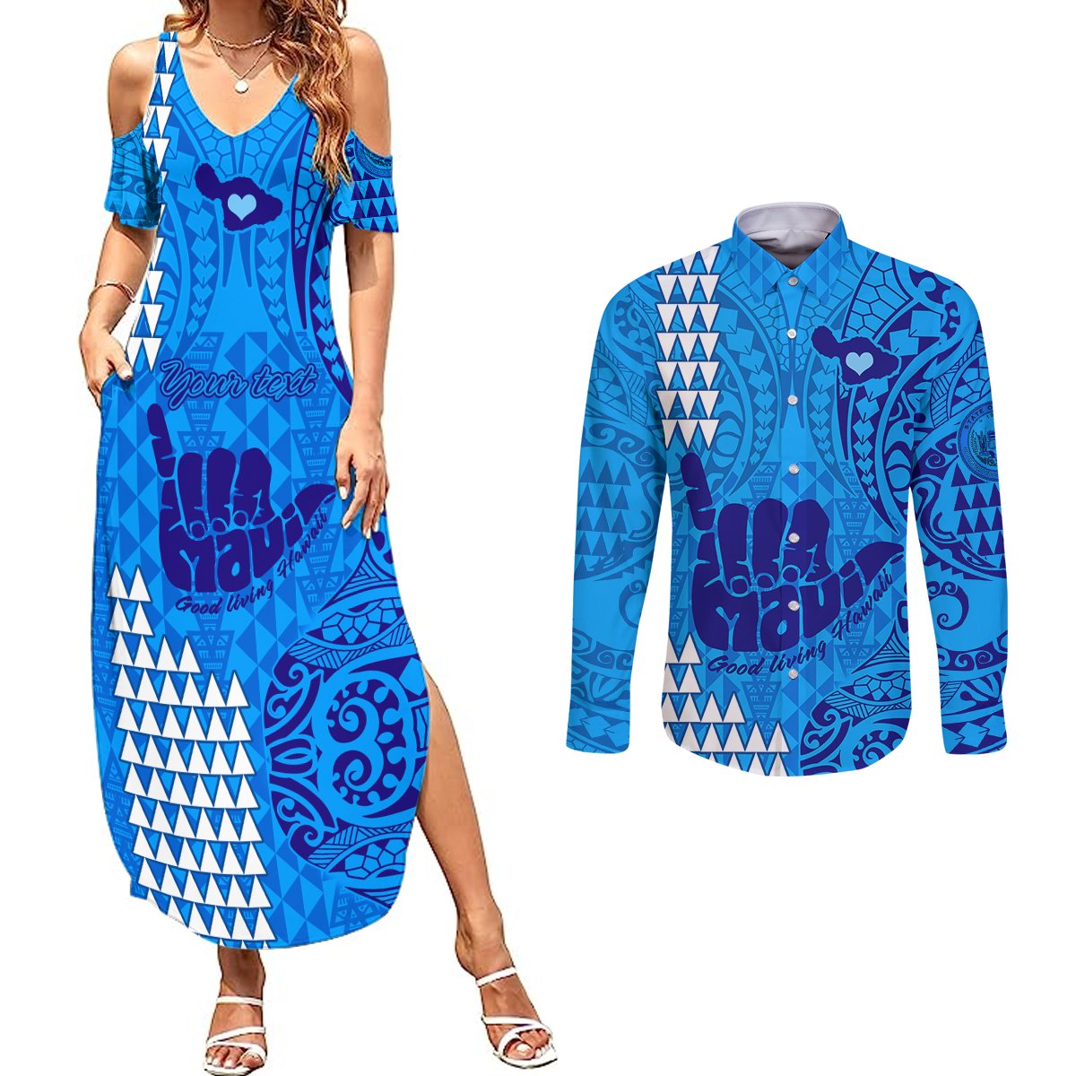 Personalised Strong Maui Couples Matching Summer Maxi Dress and Long Sleeve Button Shirts Good Living Hawaii with Shaka Sign Kakau Tribal Blue LT9 Blue - Polynesian Pride