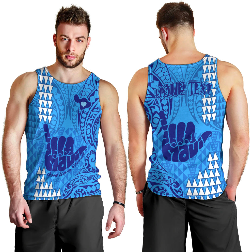 Personalised Strong Maui Men Tank Top Good Living Hawaii with Shaka Sign Kakau Tribal Blue LT9 - Polynesian Pride