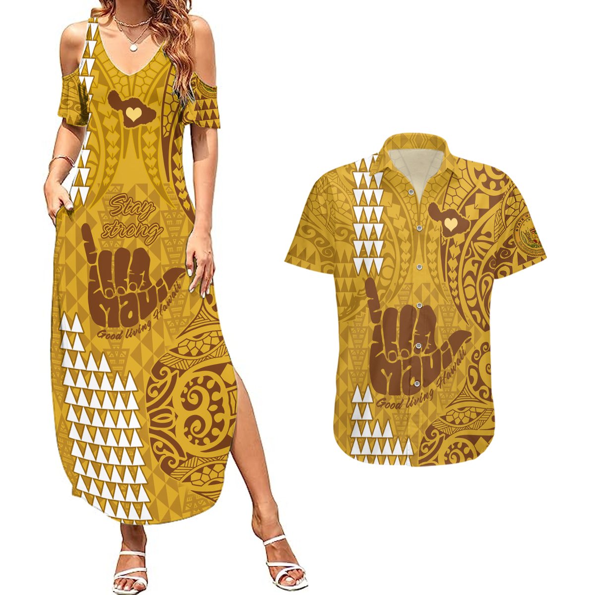 Strong Maui Couples Matching Summer Maxi Dress and Hawaiian Shirt Good Living Hawaii with Shaka Sign Kakau Tribal Gold LT9 Gold - Polynesian Pride