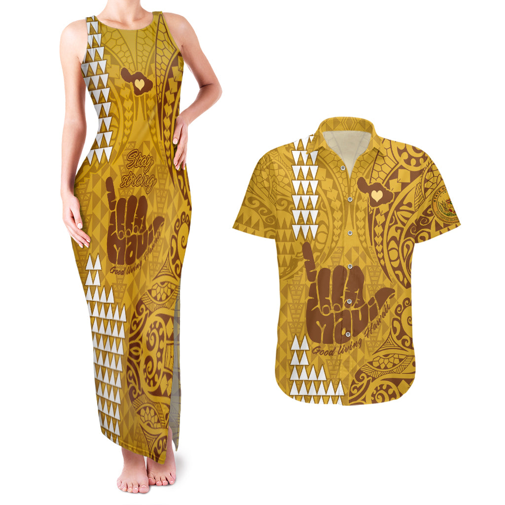 Strong Maui Couples Matching Tank Maxi Dress and Hawaiian Shirt Good Living Hawaii with Shaka Sign Kakau Tribal Gold LT9 Gold - Polynesian Pride