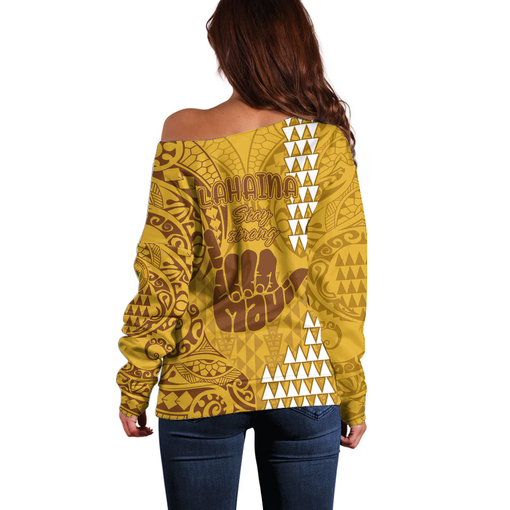 Strong Maui Off Shoulder Sweater Good Living Hawaii with Shaka Sign Kakau Tribal Gold LT9 - Polynesian Pride