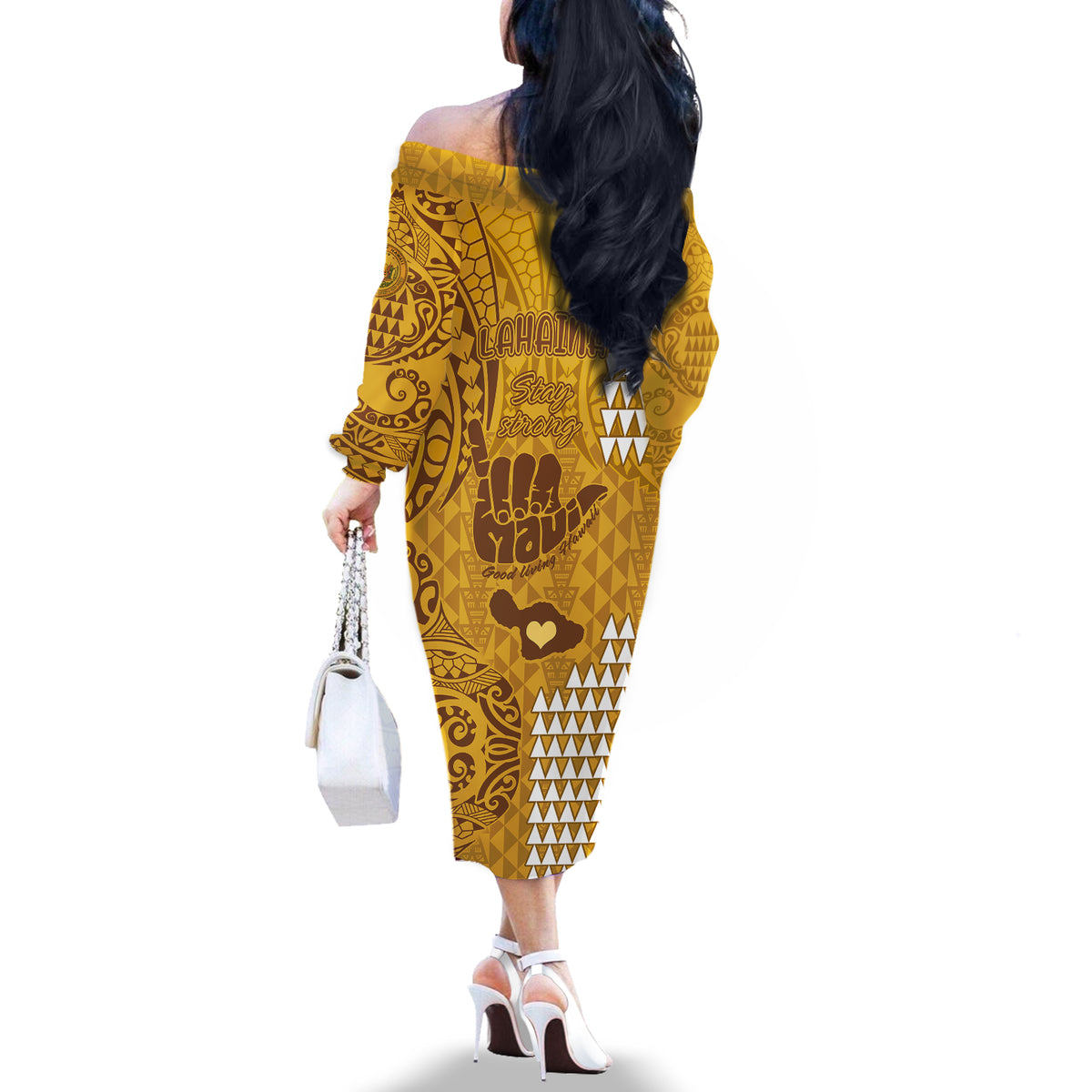 Personalised Strong Maui Off The Shoulder Long Sleeve Dress Good Living Hawaii with Shaka Sign Kakau Tribal Gold LT9 - Polynesian Pride