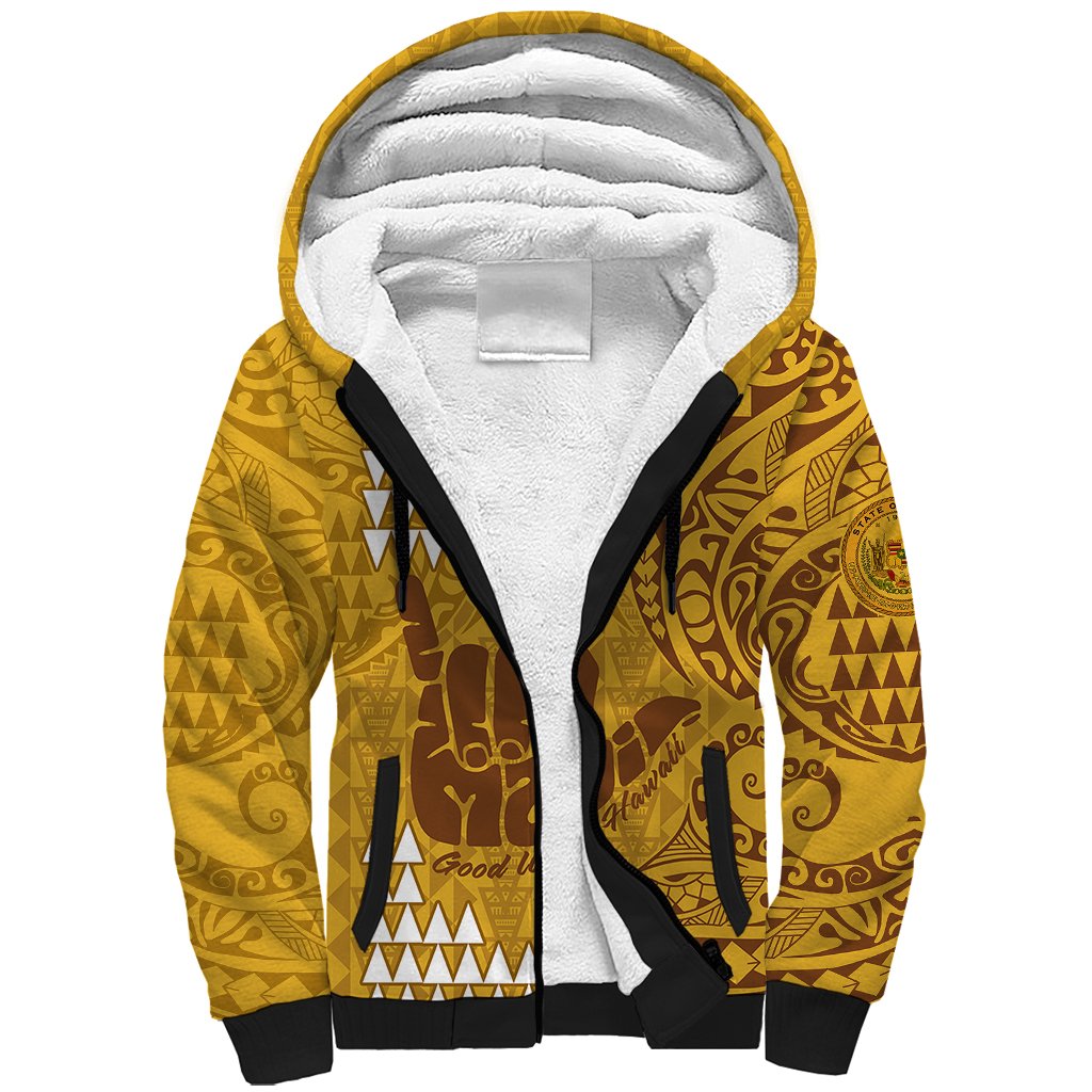 Personalised Strong Maui Sherpa Hoodie Good Living Hawaii with Shaka Sign Kakau Tribal Gold LT9 Unisex Gold - Polynesian Pride