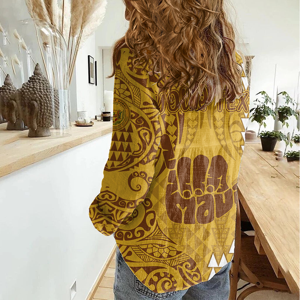 Personalised Strong Maui Women Casual Shirt Good Living Hawaii with Shaka Sign Kakau Tribal Gold LT9 - Polynesian Pride