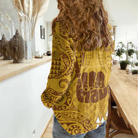 Personalised Strong Maui Women Casual Shirt Good Living Hawaii with Shaka Sign Kakau Tribal Gold LT9 - Polynesian Pride