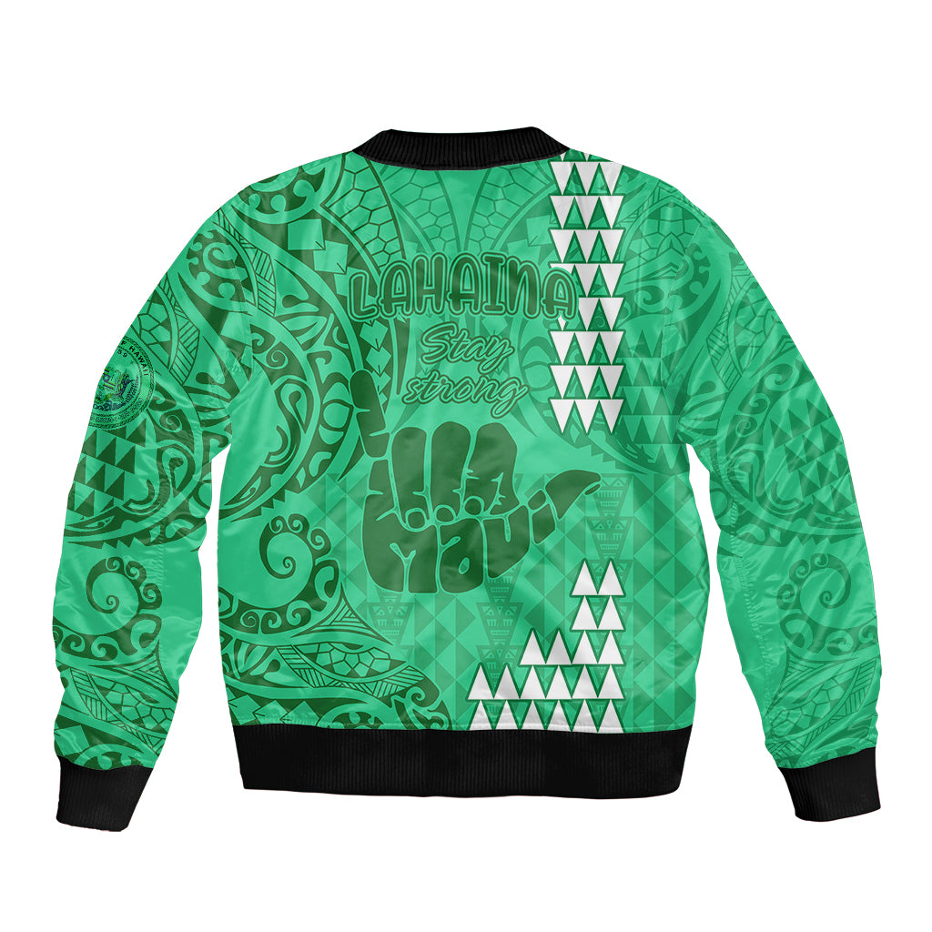 Strong Maui Sleeve Zip Bomber Jacket Good Living Hawaii with Shaka Sign Kakau Tribal Green LT9 - Polynesian Pride