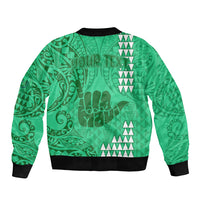 Personalised Strong Maui Sleeve Zip Bomber Jacket Good Living Hawaii with Shaka Sign Kakau Tribal Green LT9 - Polynesian Pride