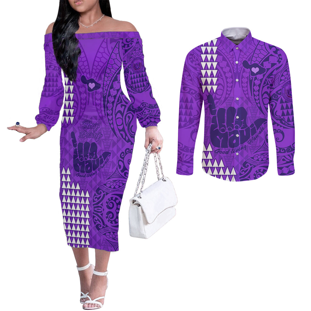 Strong Maui Couples Matching Off The Shoulder Long Sleeve Dress and Long Sleeve Button Shirts Good Living Hawaii with Shaka Sign Kakau Tribal Purple LT9 Purple - Polynesian Pride