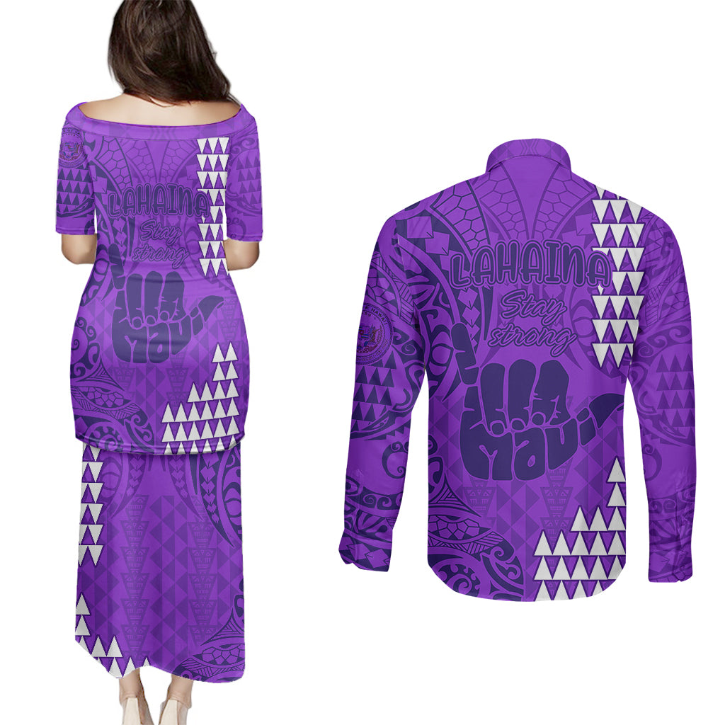Strong Maui Couples Matching Puletasi Dress and Long Sleeve Button Shirts Good Living Hawaii with Shaka Sign Kakau Tribal Purple LT9 - Polynesian Pride
