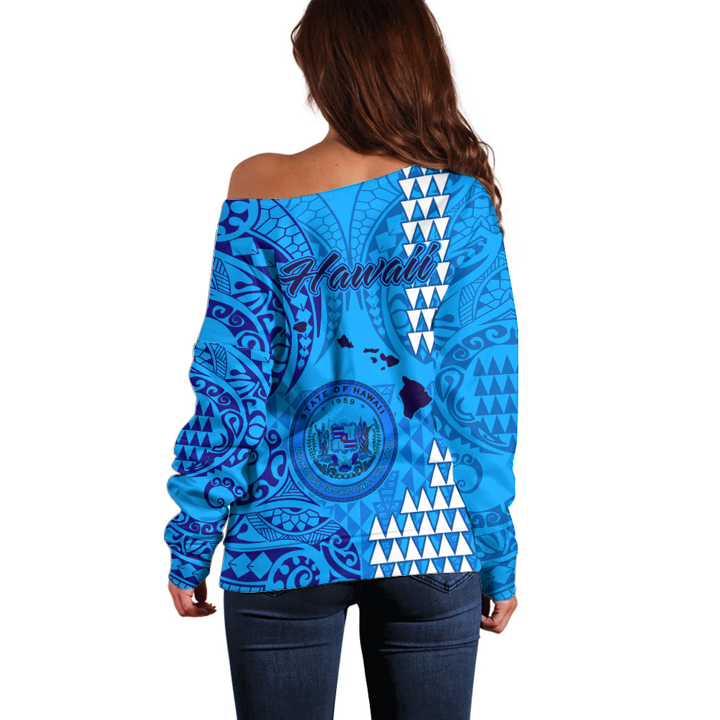 Maui Island Off Shoulder Sweater Kakau Tribal Mixed Polynesian Pattern Blue LT9 - Polynesian Pride