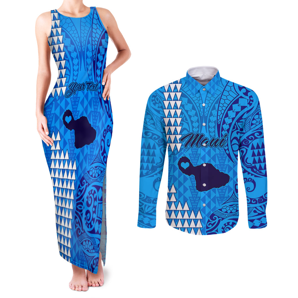 Personalised Maui Island Couples Matching Tank Maxi Dress and Long Sleeve Button Shirts Kakau Tribal Mixed Polynesian Pattern Blue LT9 Blue - Polynesian Pride