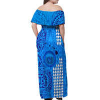 Personalised Maui Island Off Shoulder Maxi Dress Kakau Tribal Mixed Polynesian Pattern Blue LT9 - Polynesian Pride