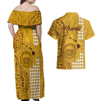 Maui Island Couples Matching Off Shoulder Maxi Dress and Hawaiian Shirt Kakau Tribal Mixed Polynesian Pattern Gold LT9 - Polynesian Pride