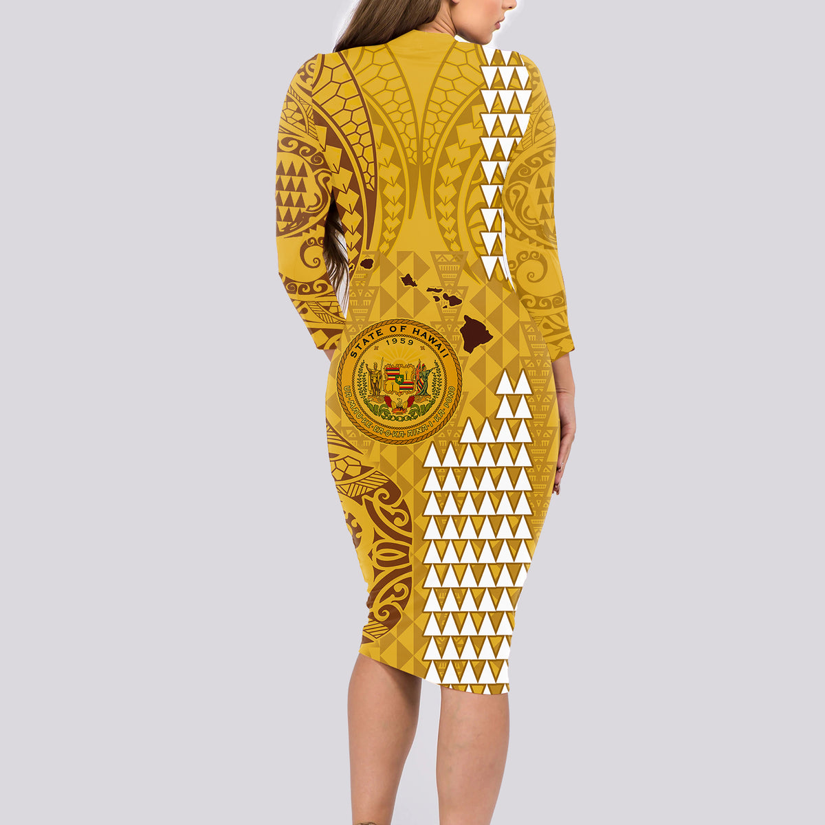 Maui Island Long Sleeve Bodycon Dress Kakau Tribal Mixed Polynesian Pattern Gold LT9 - Polynesian Pride
