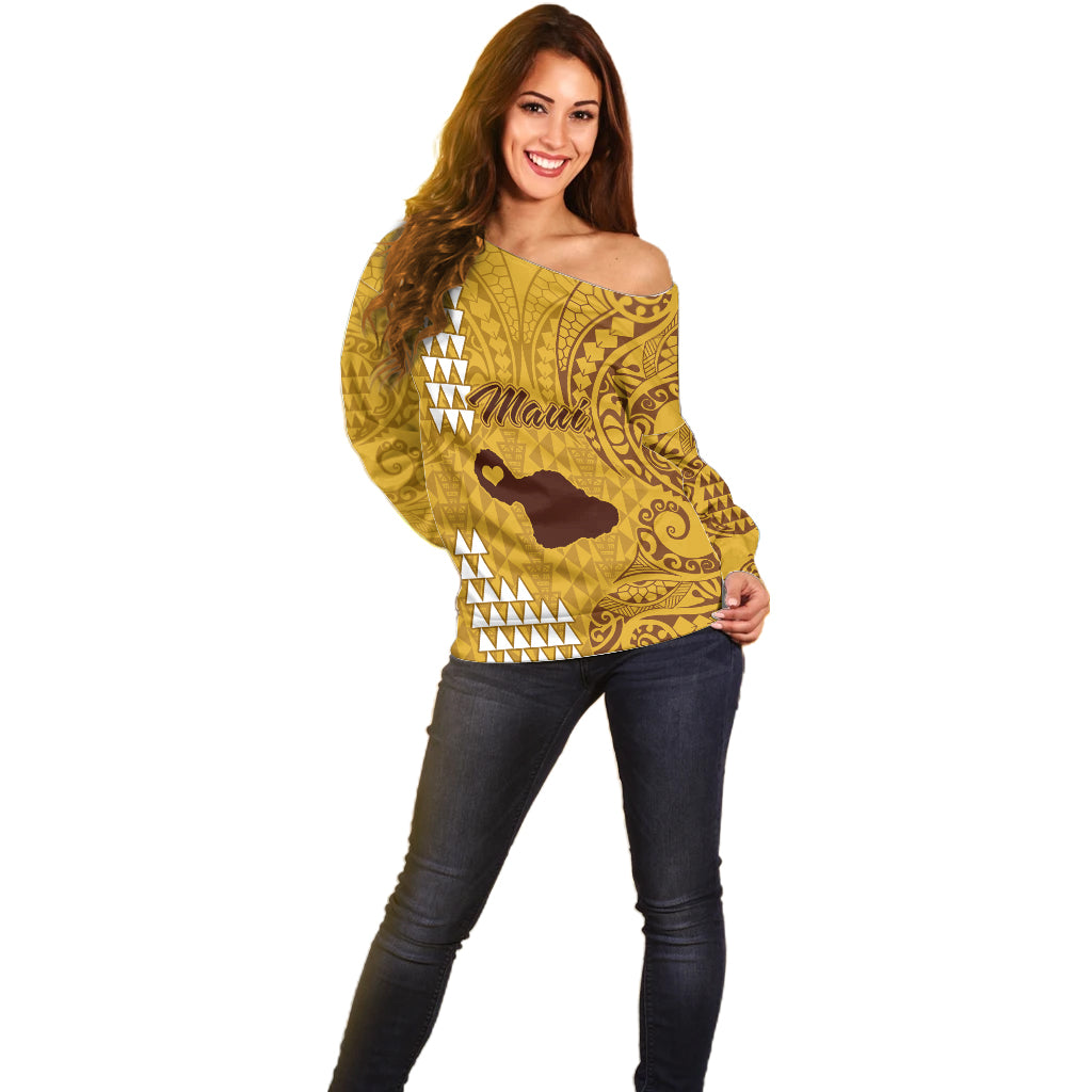 Maui Island Off Shoulder Sweater Kakau Tribal Mixed Polynesian Pattern Gold LT9 - Polynesian Pride