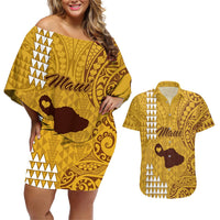 Personalised Maui Island Couples Matching Off Shoulder Short Dress and Hawaiian Shirt Kakau Tribal Mixed Polynesian Pattern Gold LT9 Gold - Polynesian Pride