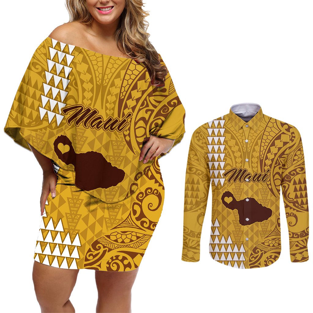 Personalised Maui Island Couples Matching Off Shoulder Short Dress and Long Sleeve Button Shirts Kakau Tribal Mixed Polynesian Pattern Gold LT9 Gold - Polynesian Pride