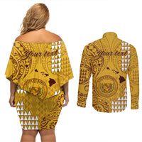 Personalised Maui Island Couples Matching Off Shoulder Short Dress and Long Sleeve Button Shirts Kakau Tribal Mixed Polynesian Pattern Gold LT9 - Polynesian Pride