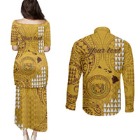 Personalised Maui Island Couples Matching Puletasi Dress and Long Sleeve Button Shirts Kakau Tribal Mixed Polynesian Pattern Gold LT9 - Polynesian Pride