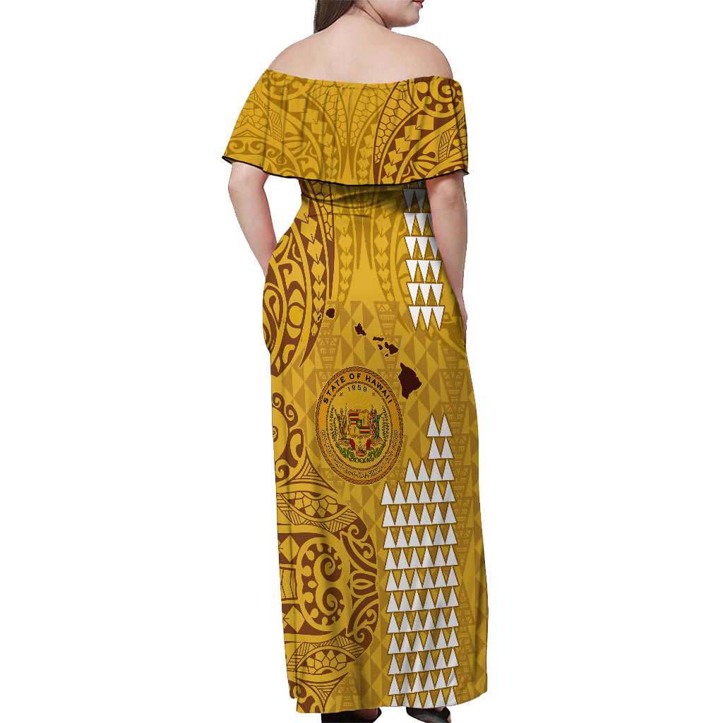 Personalised Maui Island Off Shoulder Maxi Dress Kakau Tribal Mixed Polynesian Pattern Gold LT9 - Polynesian Pride
