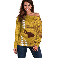 Personalised Maui Island Off Shoulder Sweater Kakau Tribal Mixed Polynesian Pattern Gold LT9 Women Gold - Polynesian Pride