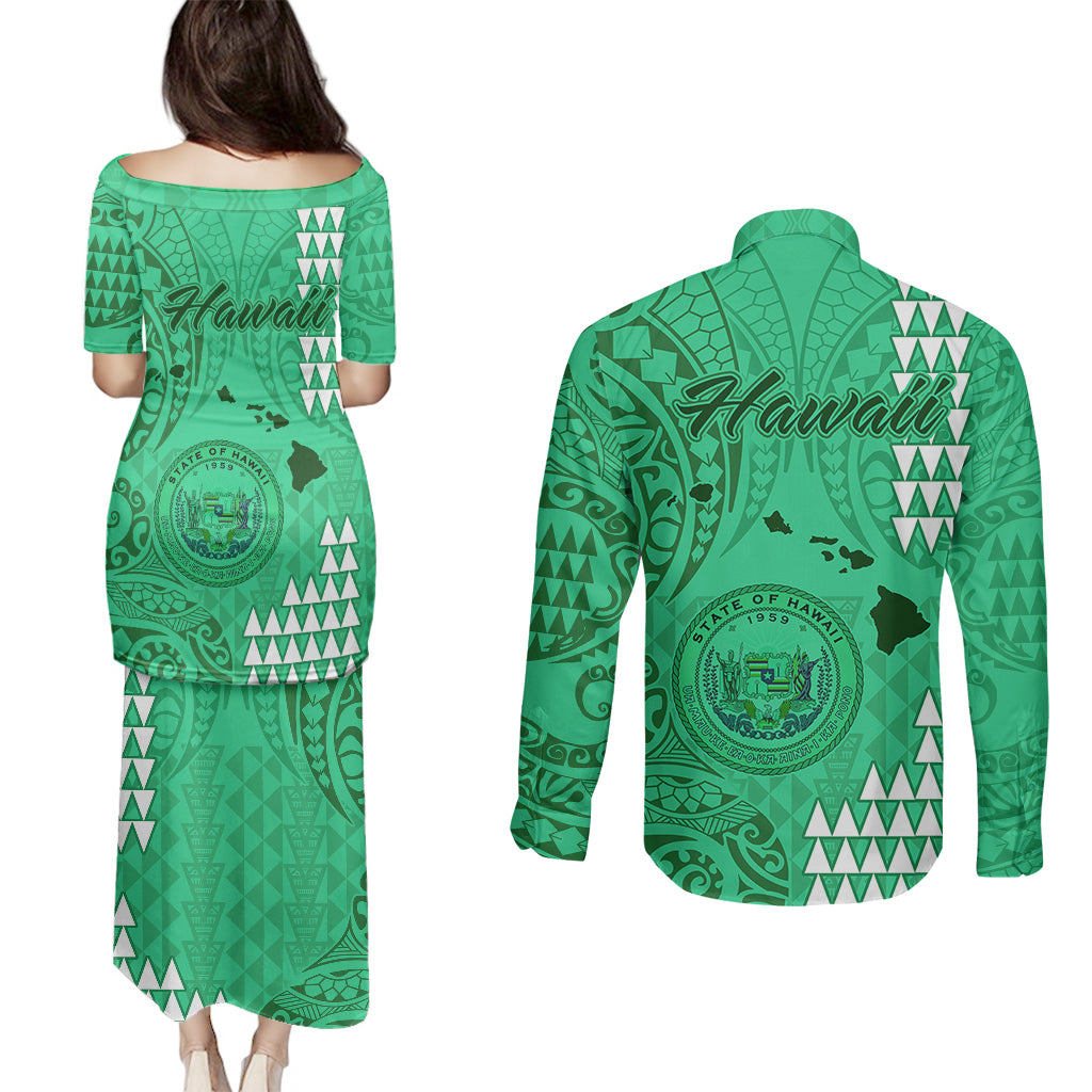 Maui Island Couples Matching Puletasi Dress and Long Sleeve Button Shirts Kakau Tribal Mixed Polynesian Pattern Green LT9 - Polynesian Pride