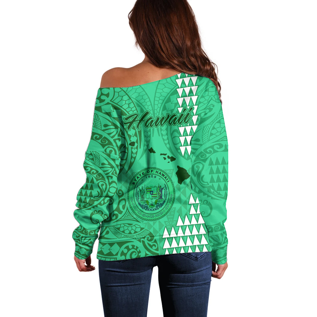 Maui Island Off Shoulder Sweater Kakau Tribal Mixed Polynesian Pattern Green LT9 - Polynesian Pride
