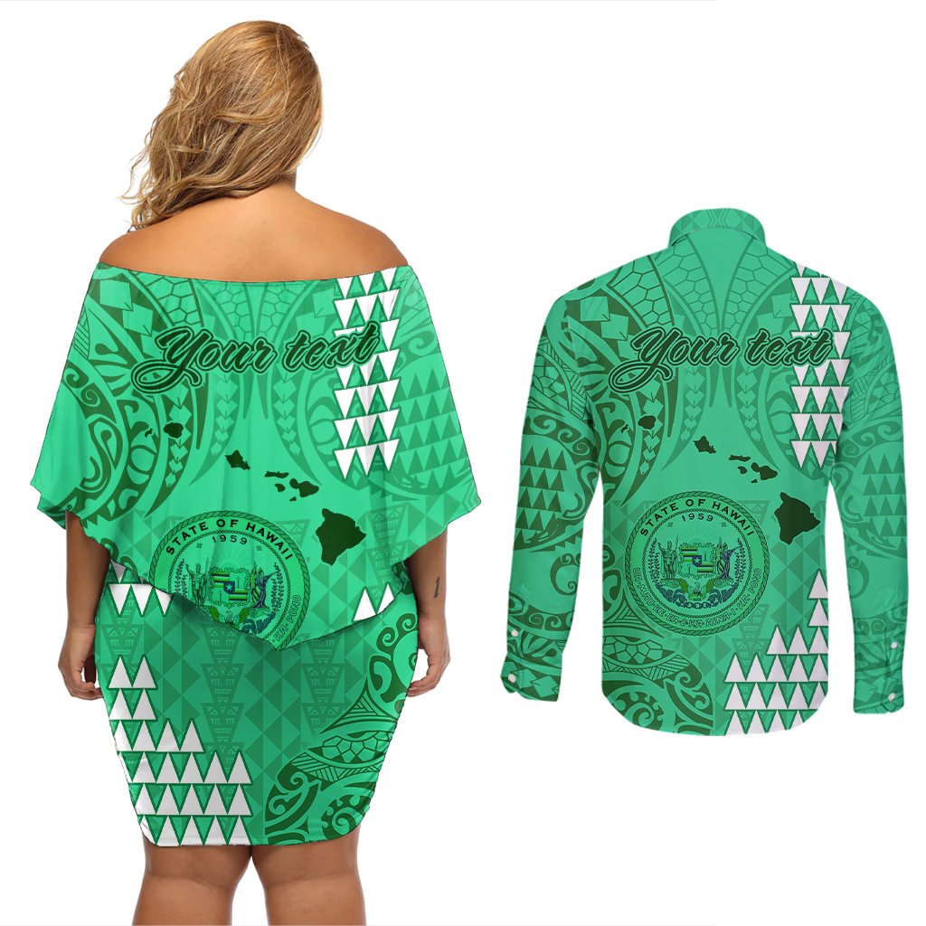 Personalised Maui Island Couples Matching Off Shoulder Short Dress and Long Sleeve Button Shirts Kakau Tribal Mixed Polynesian Pattern Green LT9 - Polynesian Pride