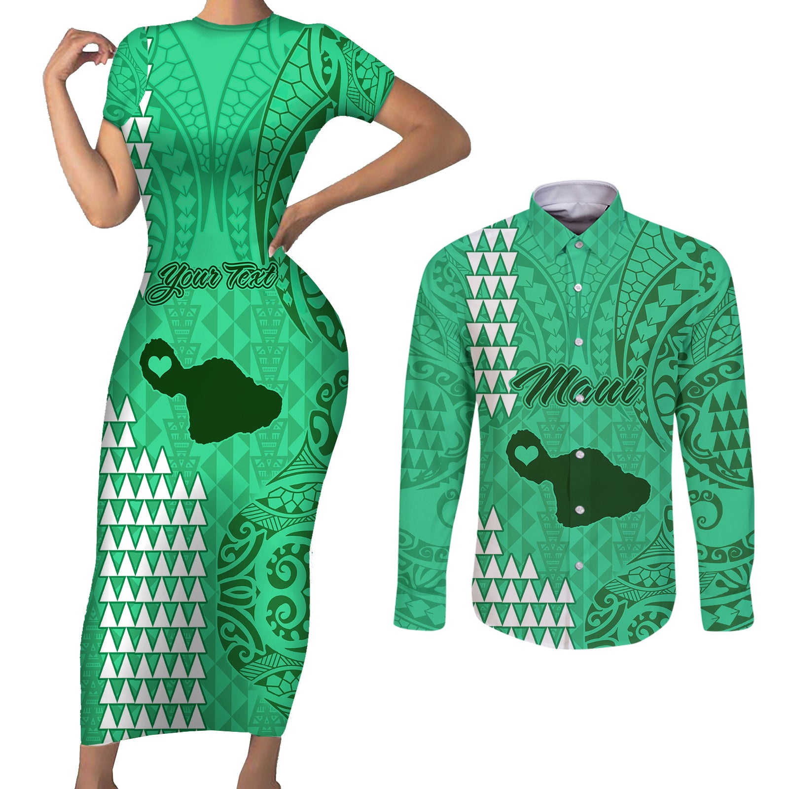 Personalised Maui Island Couples Matching Short Sleeve Bodycon Dress and Long Sleeve Button Shirts Kakau Tribal Mixed Polynesian Pattern Green LT9 Green - Polynesian Pride