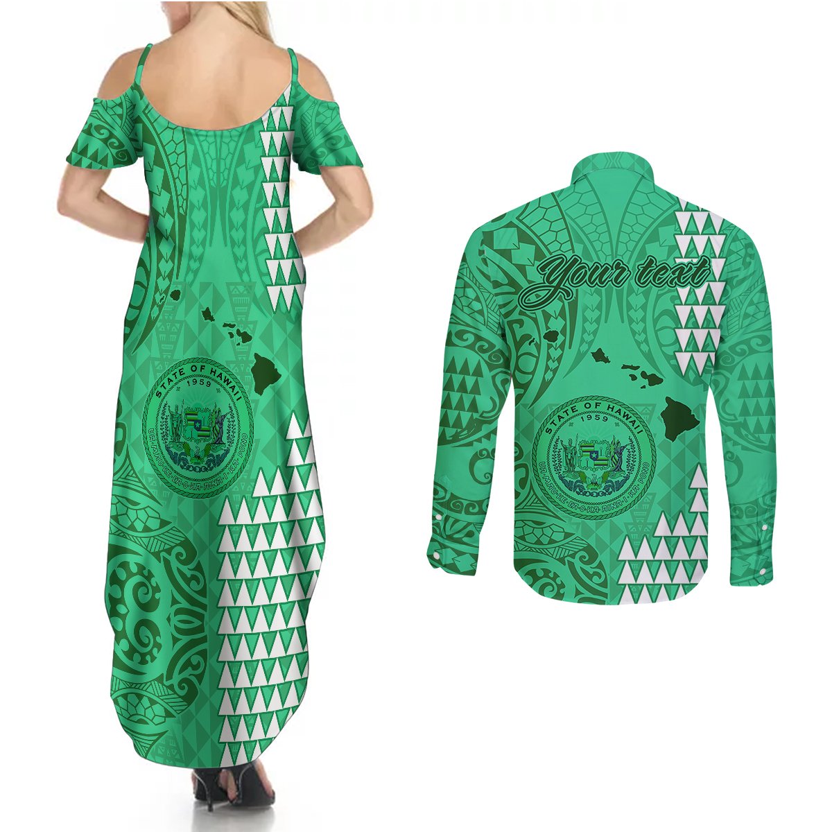 Personalised Maui Island Couples Matching Summer Maxi Dress and Long Sleeve Button Shirts Kakau Tribal Mixed Polynesian Pattern Green LT9 - Polynesian Pride