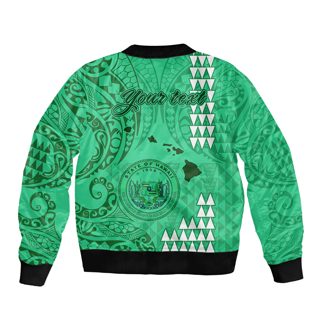 Personalised Maui Island Sleeve Zip Bomber Jacket Kakau Tribal Mixed Polynesian Pattern Green LT9 - Polynesian Pride