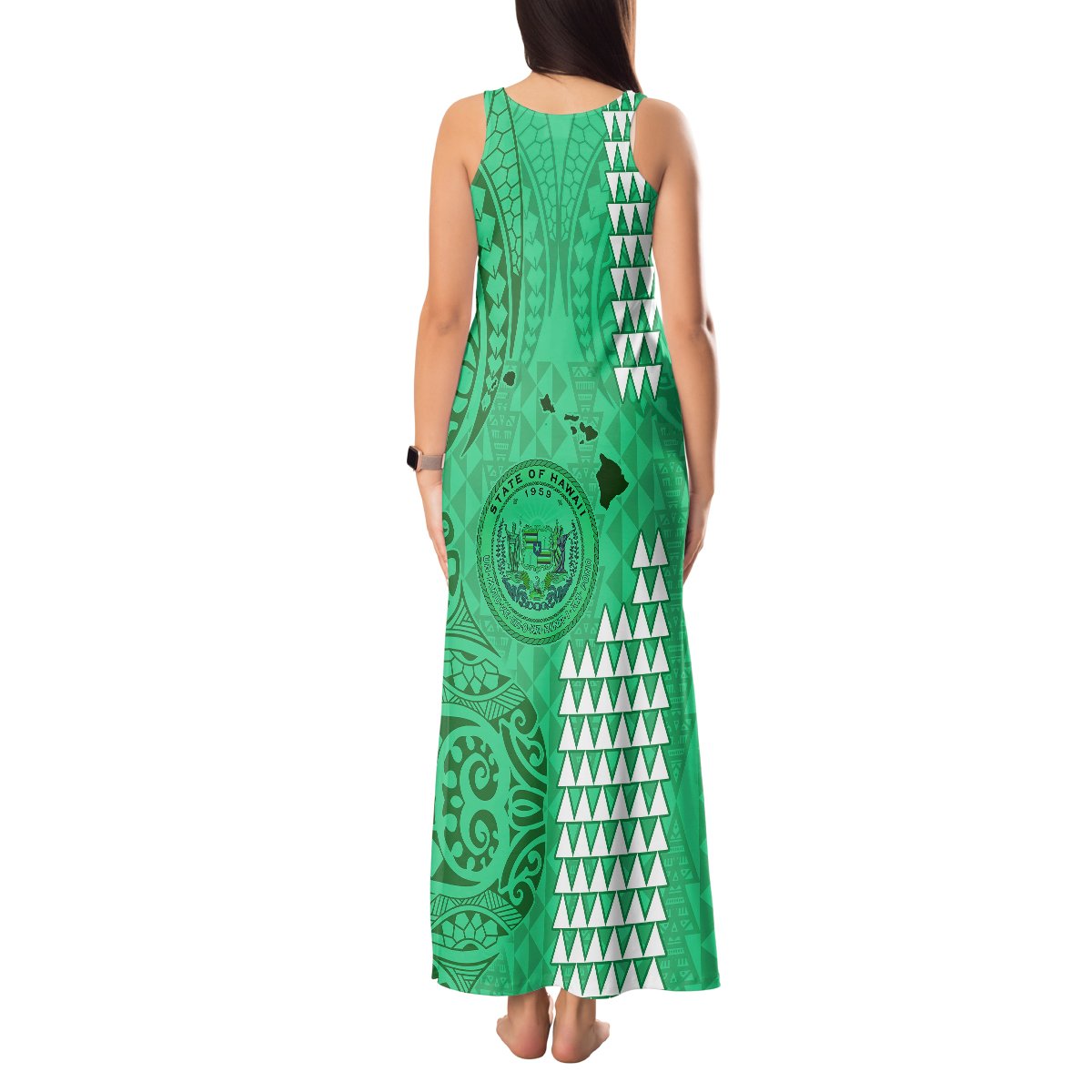 Personalised Maui Island Tank Maxi Dress Kakau Tribal Mixed Polynesian Pattern Green LT9 - Polynesian Pride