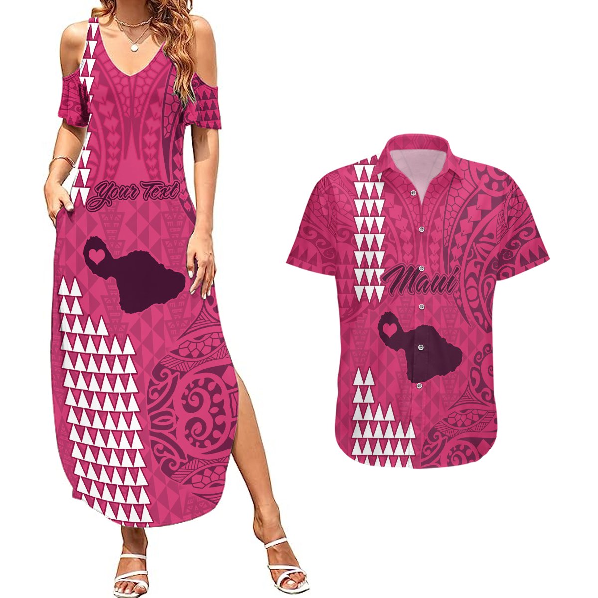 Personalised Maui Island Couples Matching Summer Maxi Dress and Hawaiian Shirt Kakau Tribal Mixed Polynesian Pattern Pink LT9 Pink - Polynesian Pride