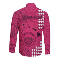 Personalised Maui Island Long Sleeve Button Shirt Kakau Tribal Mixed Polynesian Pattern Pink LT9 - Polynesian Pride