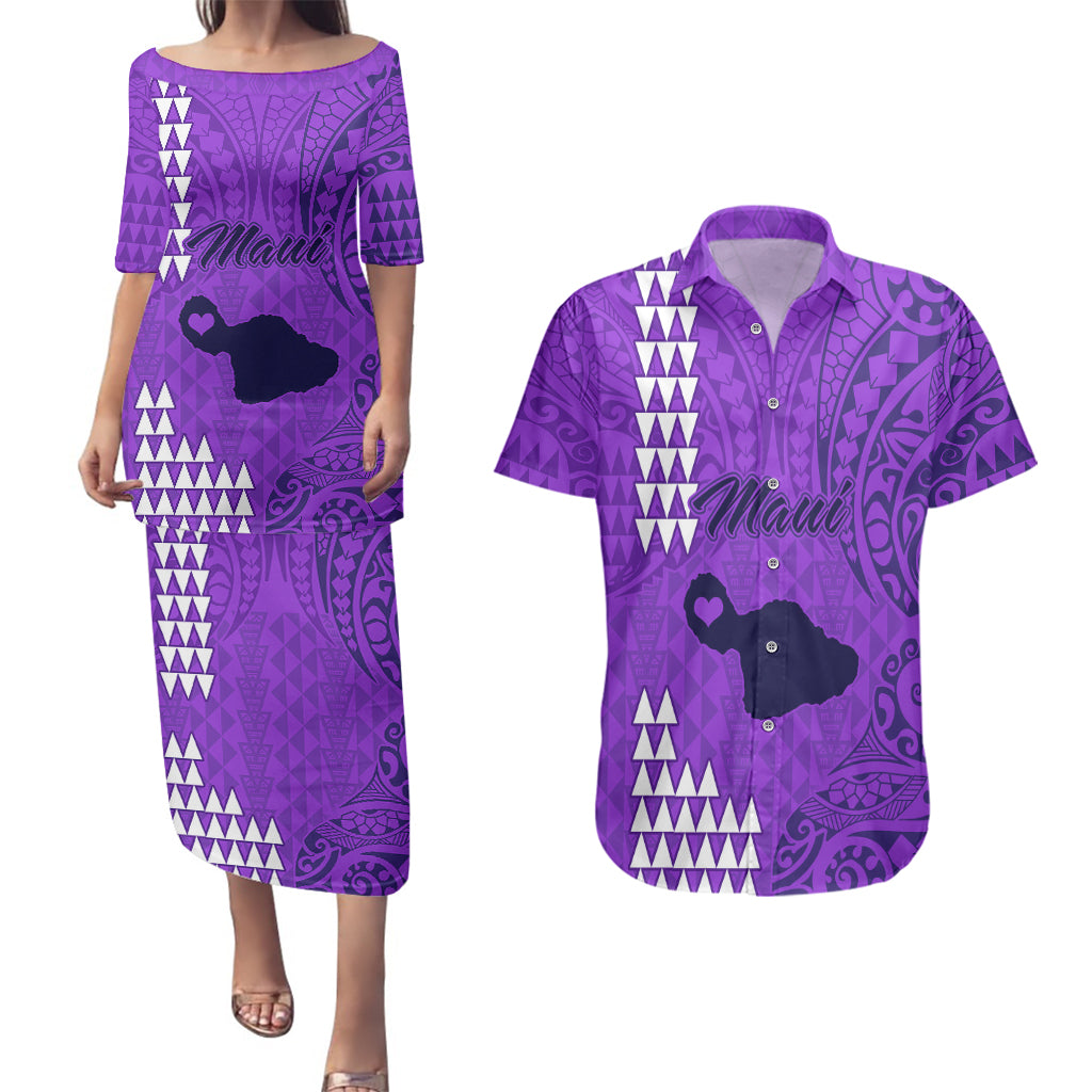 Maui Island Couples Matching Puletasi Dress and Hawaiian Shirt Kakau Tribal Mixed Polynesian Pattern Purple LT9 Purple - Polynesian Pride