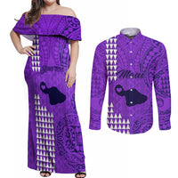Personalised Maui Island Couples Matching Off Shoulder Maxi Dress and Long Sleeve Button Shirts Kakau Tribal Mixed Polynesian Pattern Purple LT9 Purple - Polynesian Pride