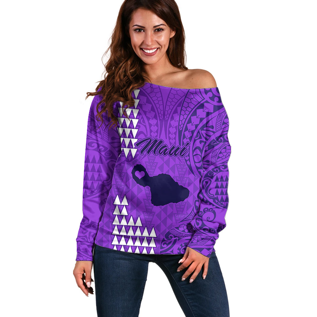 Personalised Maui Island Off Shoulder Sweater Kakau Tribal Mixed Polynesian Pattern Purple LT9 Women Purple - Polynesian Pride