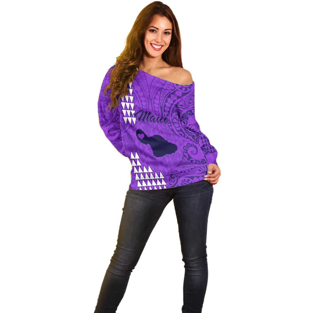 Personalised Maui Island Off Shoulder Sweater Kakau Tribal Mixed Polynesian Pattern Purple LT9 - Polynesian Pride