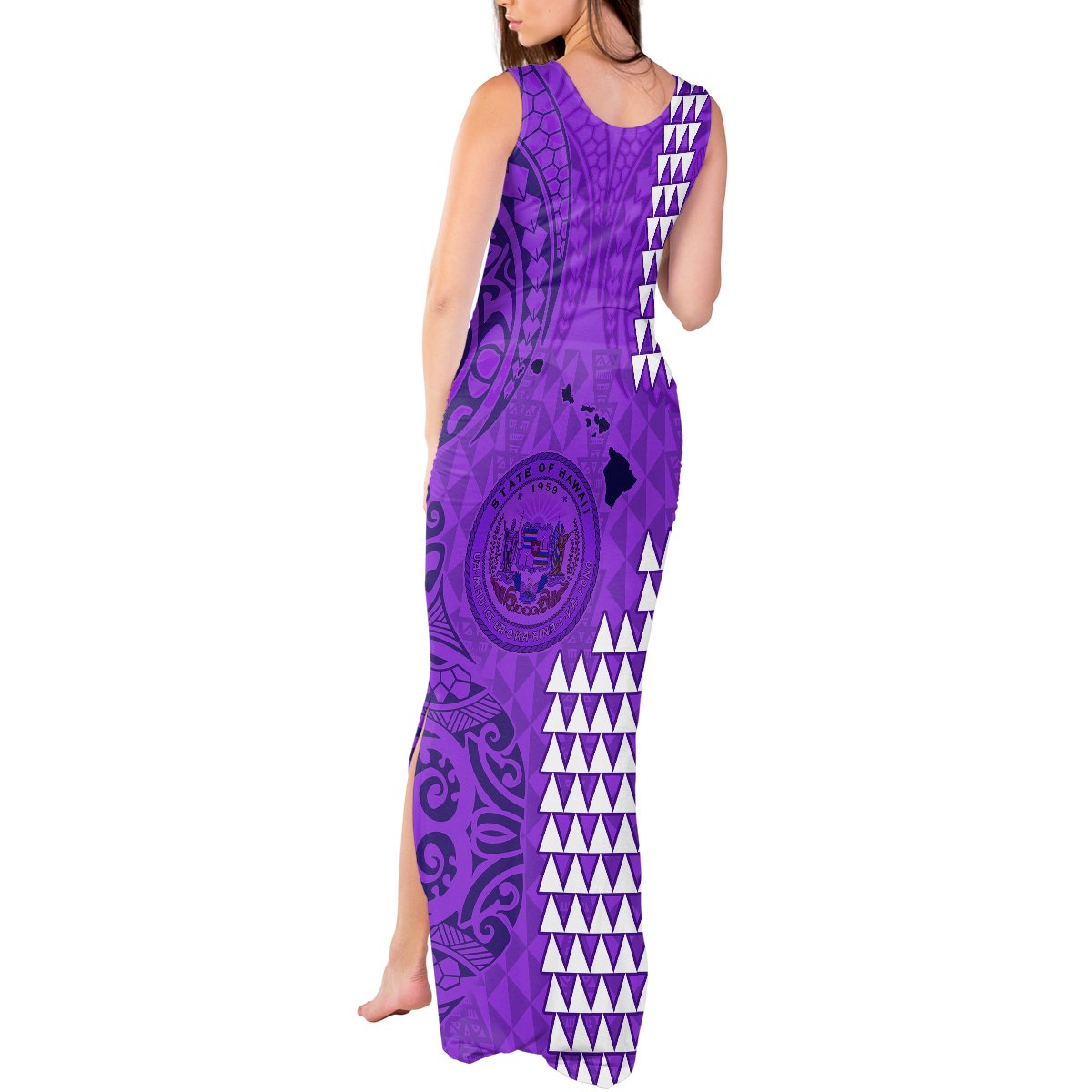 Personalised Maui Island Tank Maxi Dress Kakau Tribal Mixed Polynesian Pattern Purple LT9 - Polynesian Pride
