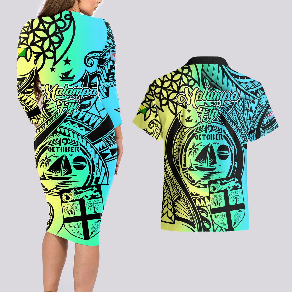 Malampa Fiji Day Couples Matching Long Sleeve Bodycon Dress and Hawaiian Shirt Vanuatu Sand Drawing With Polynesian Pattern LT9 - Polynesian Pride