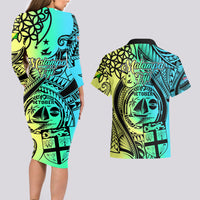Malampa Fiji Day Couples Matching Long Sleeve Bodycon Dress and Hawaiian Shirt Vanuatu Sand Drawing With Polynesian Pattern LT9 - Polynesian Pride